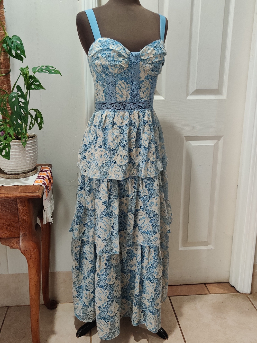 Just Me Blue and Cream Lace Tiered Maxi Dress with Sweetheart Bodice